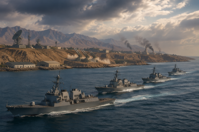 Ilustrasi konflik AS-Iran menunjukkan kapal perusak dan fasilitas militer di Teluk Hormuz dengan latar belakang gelap dan teg