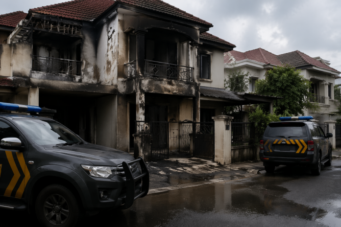 kebakaran rumah anggota BPK Haerul Saleh - Rumah anggota BPK Haerul Saleh setelah kebakaran dengan bekas air pemadaman dan pe