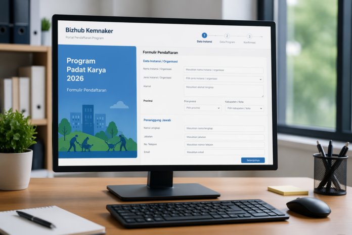 Layar website Bizhub Kemnaker menampilkan formulir pendaftaran Program Padat Karya 2026 dengan field data identitas dan persy