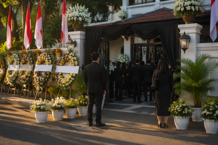 Suasana rumah duka Haerul Saleh dengan pelayat berkumpul dan karangan bunga dari berbagai tokoh pemerintahan di Kebayoran Lam